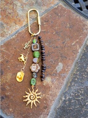 Gold Sun Charm Multi-Bead Keychain Charm - Green and Brown
